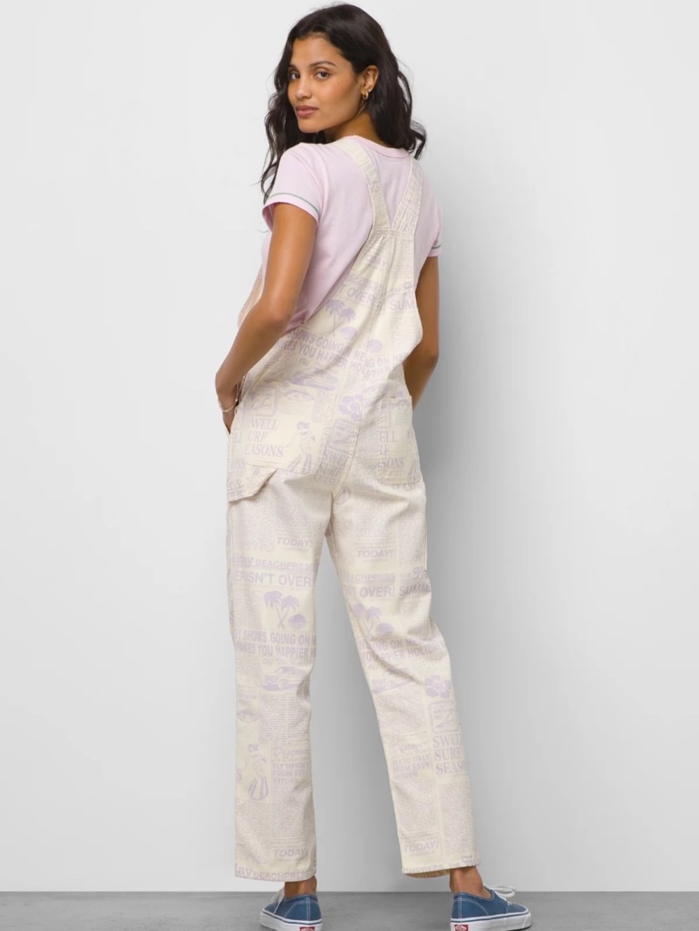 Vans x EM On Holiday Denim Overalls Women's M Cream Purple Newspaper Print - Picture 7 of 8